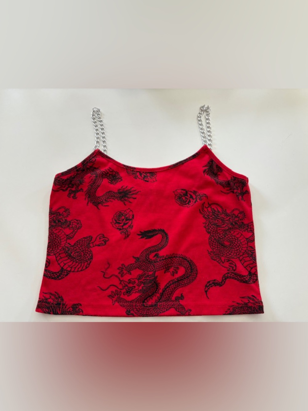 Red Dragon Print Cropped Tank with Chain Straps like new TEENS/juniors size L